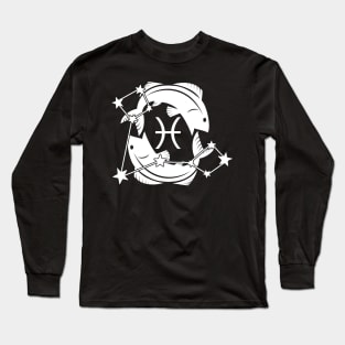 Pisces - Zodiac Astrology Symbol with Constellation and Fish Design (Symbol Only - White on Black Variant) Long Sleeve T-Shirt